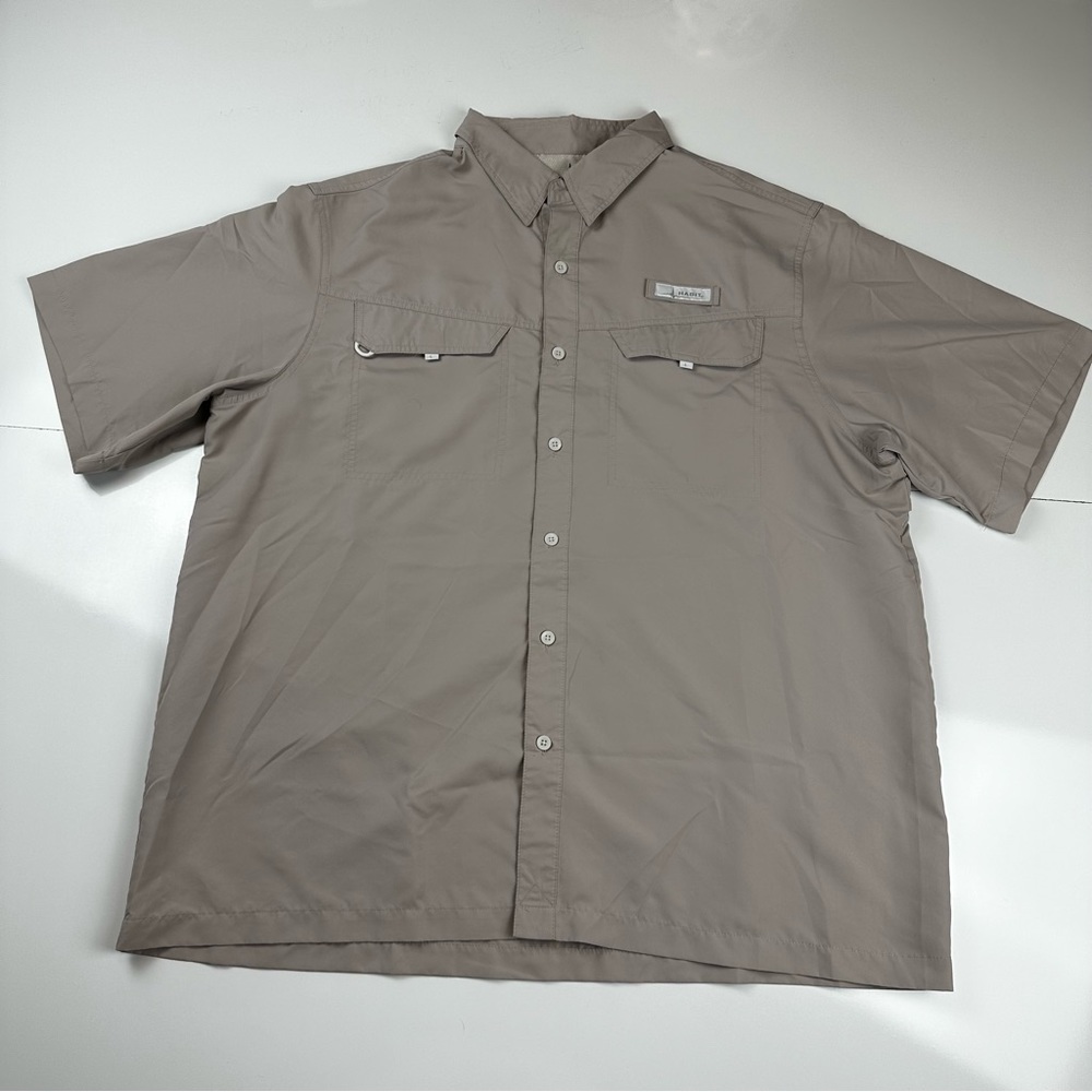 Habit Mens Size XL Fishing Short Sleeve Vented Button Up Tan Solid Pocket